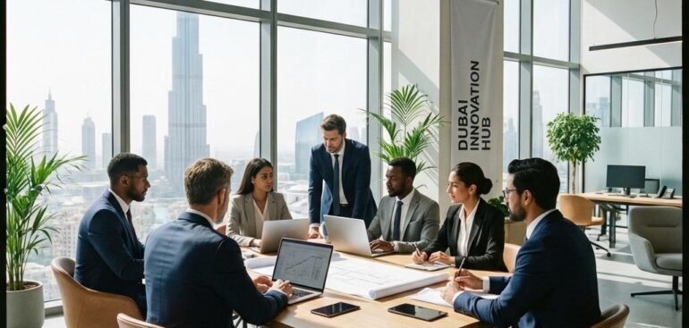 Business setup in Dubai office meeting with entrepreneurs