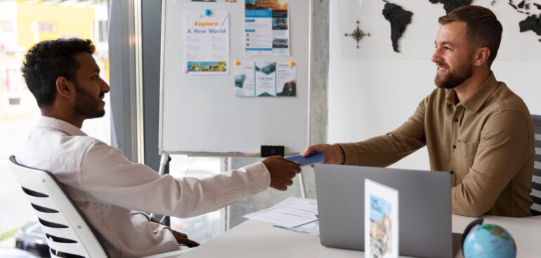 Business consultant reviewing trade license renewal documents in Dubai